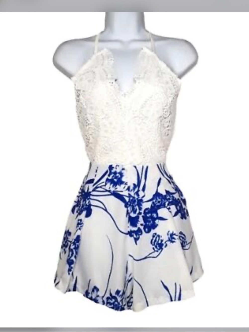 Eleanor Rose Cream and Blue Lace Floral Romper